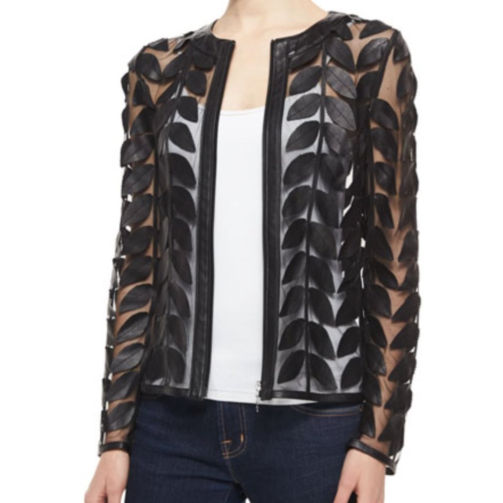 Bagatelle Women Jacket - Black Leather Leaf and Mesh XL